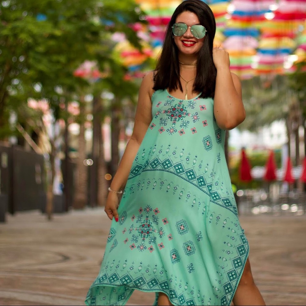 Turquoise print handkerchief cover up dress